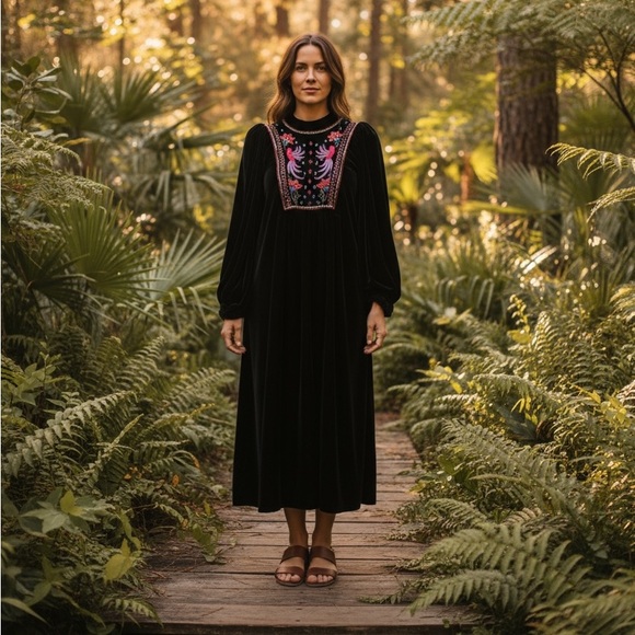 NWT FARM Rio Velvet Embroidered Beaded Puffed Sleeve Maxi Dress in Black Sz S - Picture 4 of 14